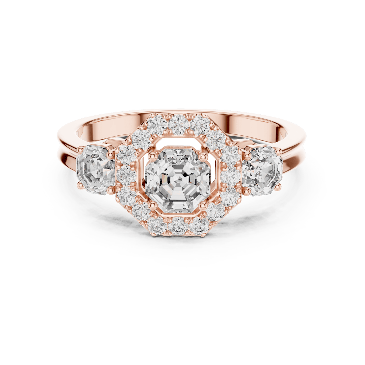 Asscher Cut Diamond Trio Halo Engagement Ring