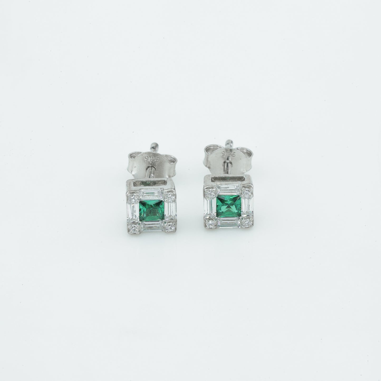 Princess Cut Green Stone Halo Stud Earrings