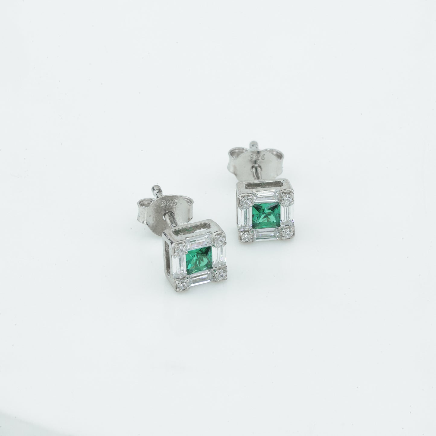 Princess Cut Green Stone Halo Stud Earrings