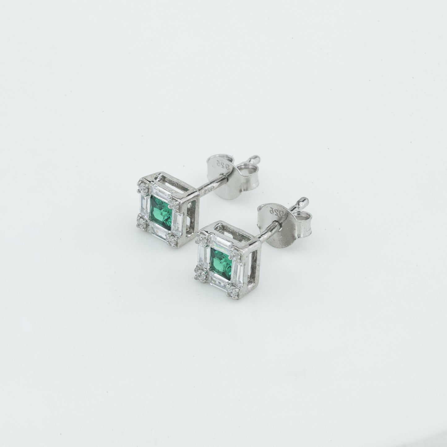 Princess Cut Green Stone Halo Stud Earrings