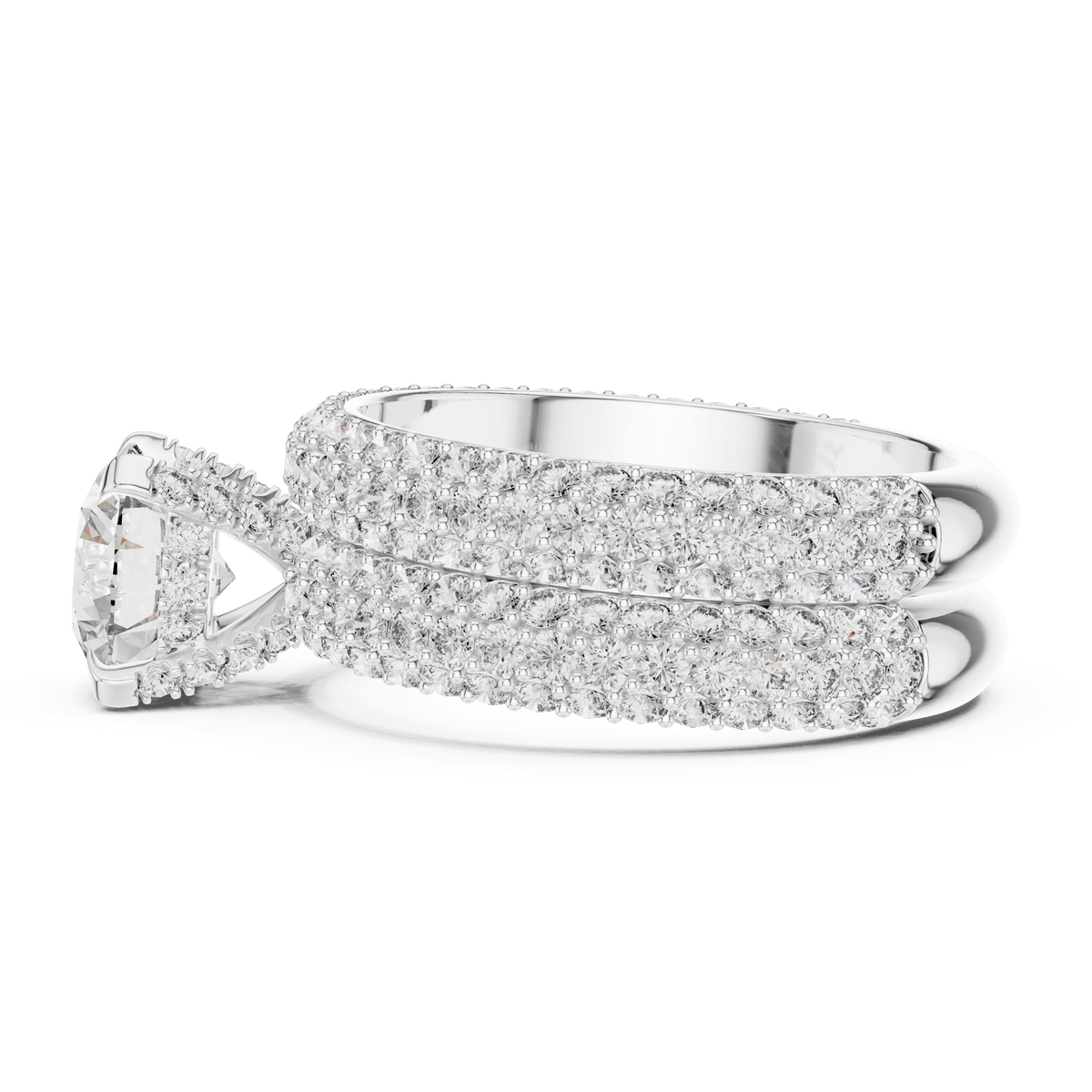 Round Cut Solitaire Multi-Row Micro-Pave Bridal Ring Set