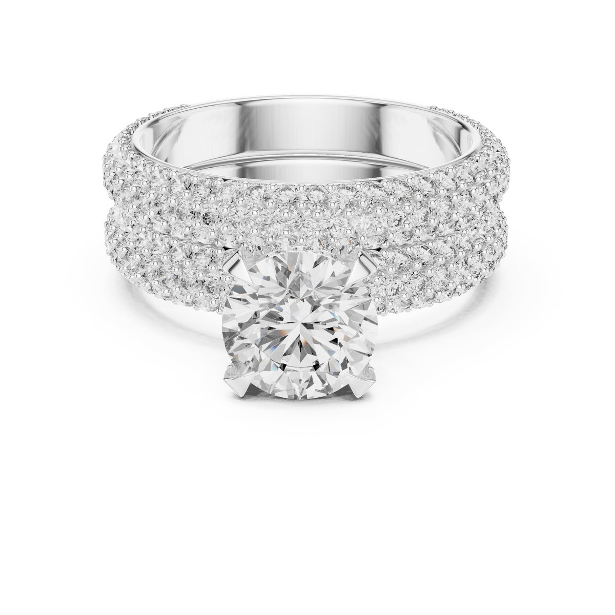 Round Cut Solitaire Multi-Row Micro-Pave Bridal Ring Set