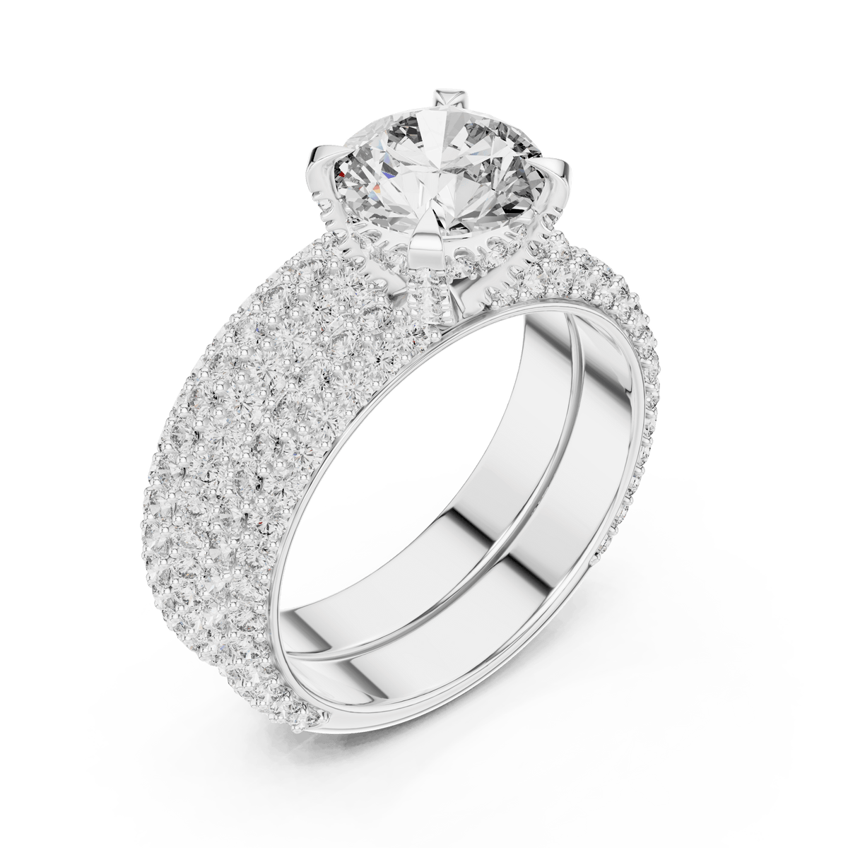 Round Cut Solitaire Multi-Row Micro-Pave Bridal Ring Set