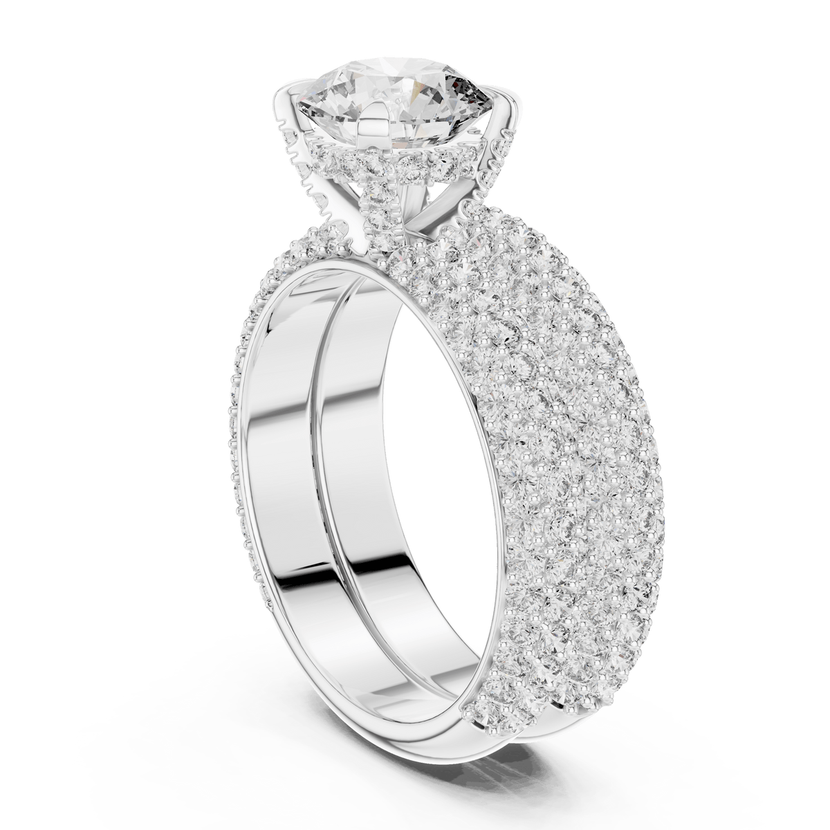 Round Cut Solitaire Multi-Row Micro-Pave Bridal Ring Set