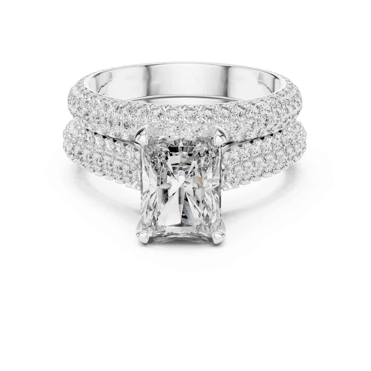 Radiant Diamond Solitaire Ring Set with Triple-Row Pave Accents