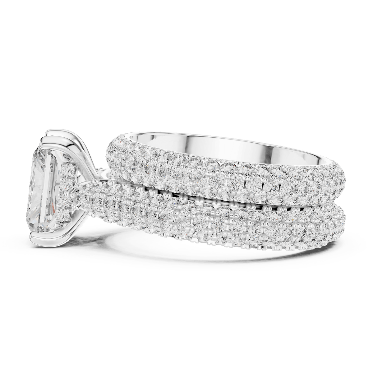 Radiant Diamond Solitaire Ring Set with Triple-Row Pave Accents