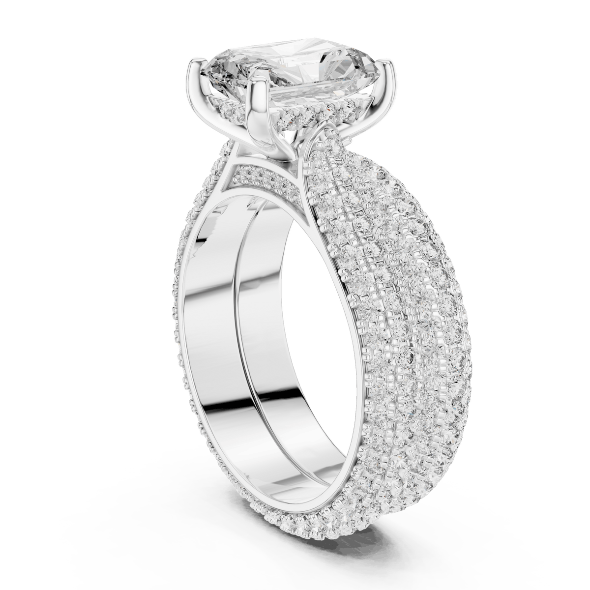 Radiant Diamond Solitaire Ring Set with Triple-Row Pave Accents