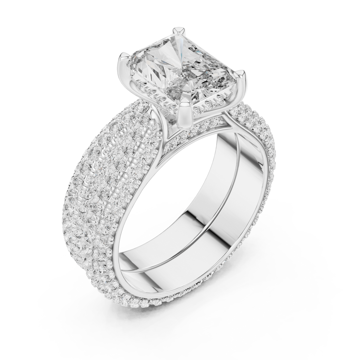Radiant Diamond Solitaire Ring Set with Triple-Row Pave Accents