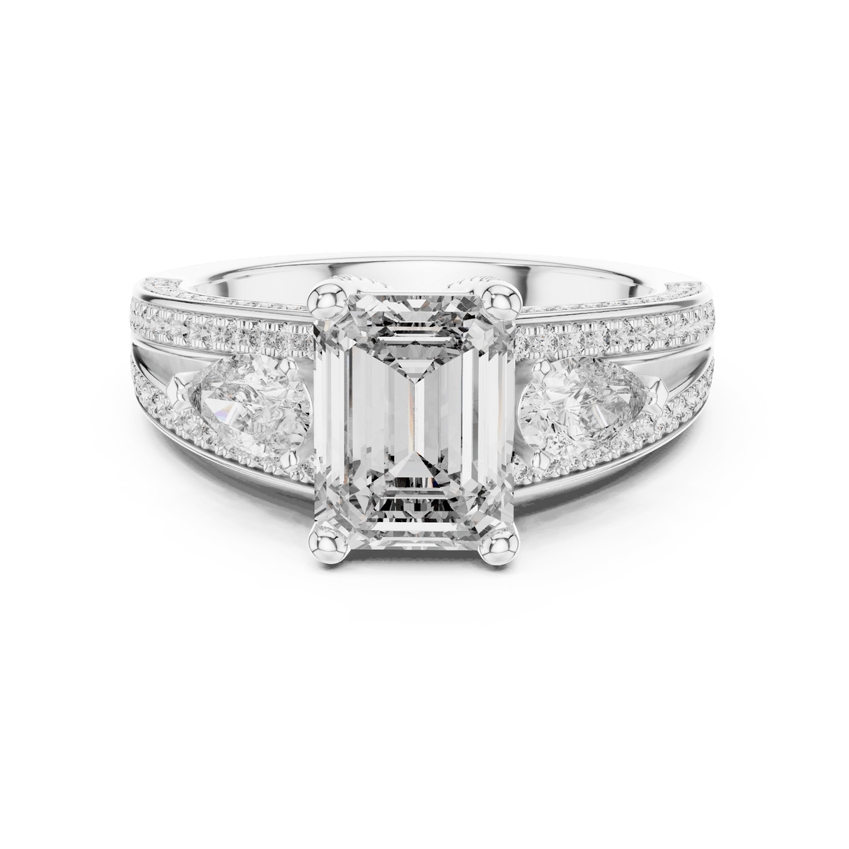 Emerald Cut Three-Stone Diamond Ring with Pear Side Accent Stones