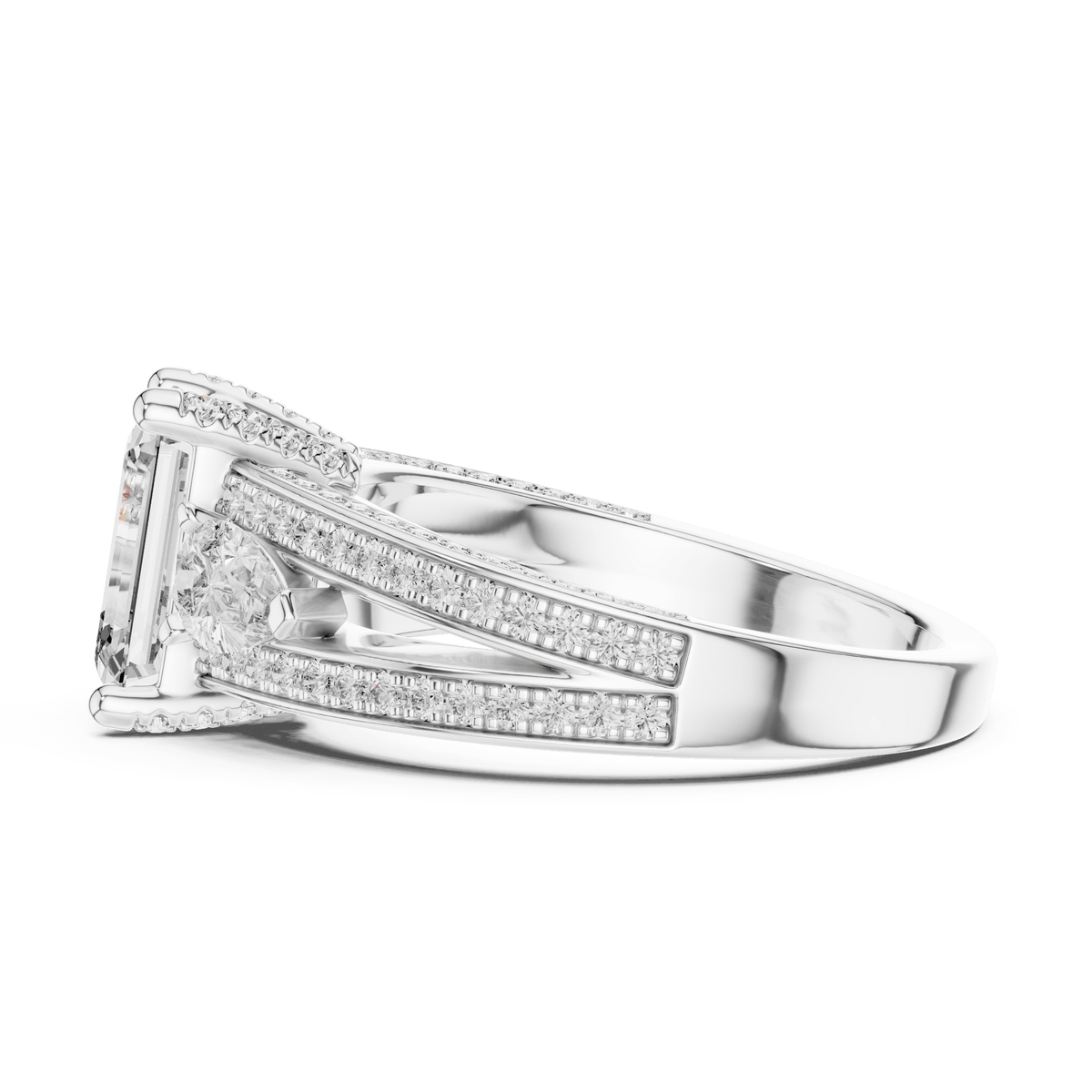 Emerald Cut Three-Stone Diamond Ring with Pear Side Accent Stones