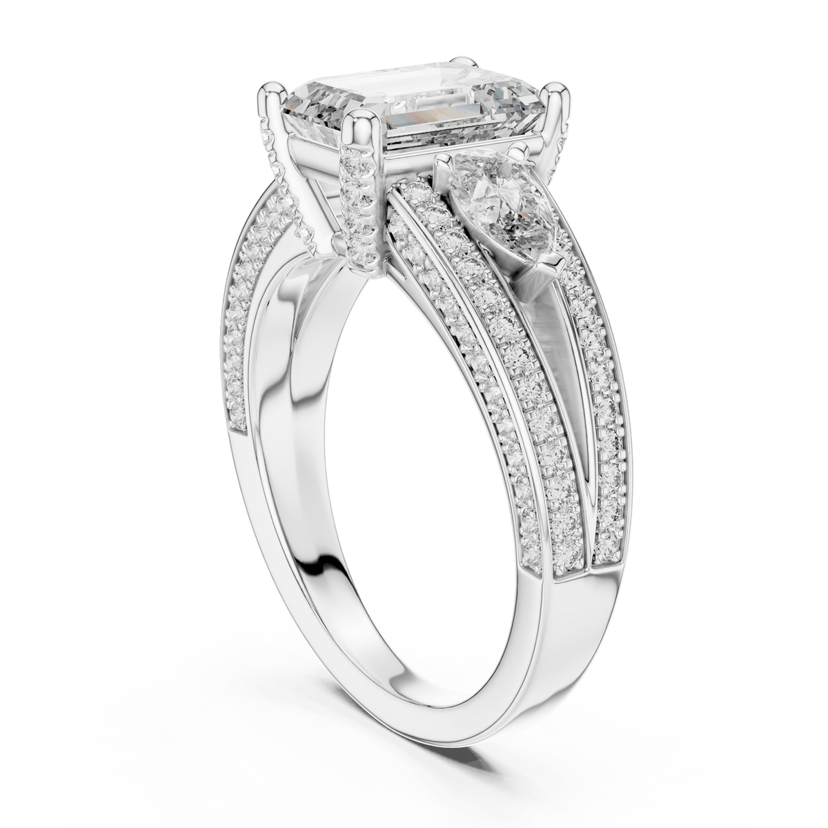 Emerald Cut Three-Stone Diamond Ring with Pear Side Accent Stones