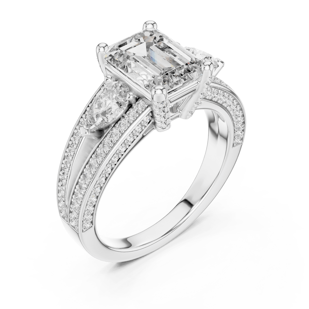 Emerald Cut Three-Stone Diamond Ring with Pear Side Accent Stones