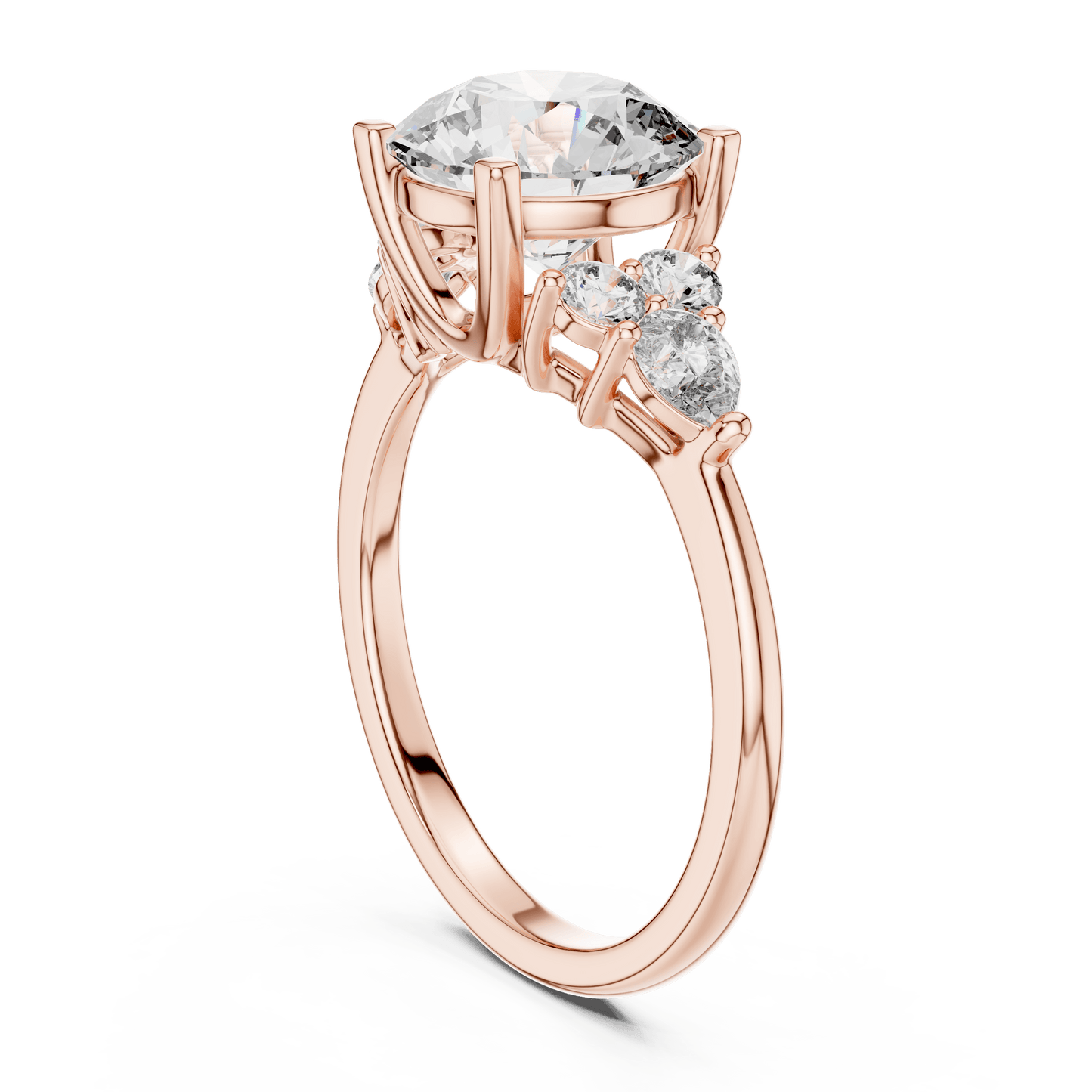 Round Cut Diamond Ring with Side Clusters