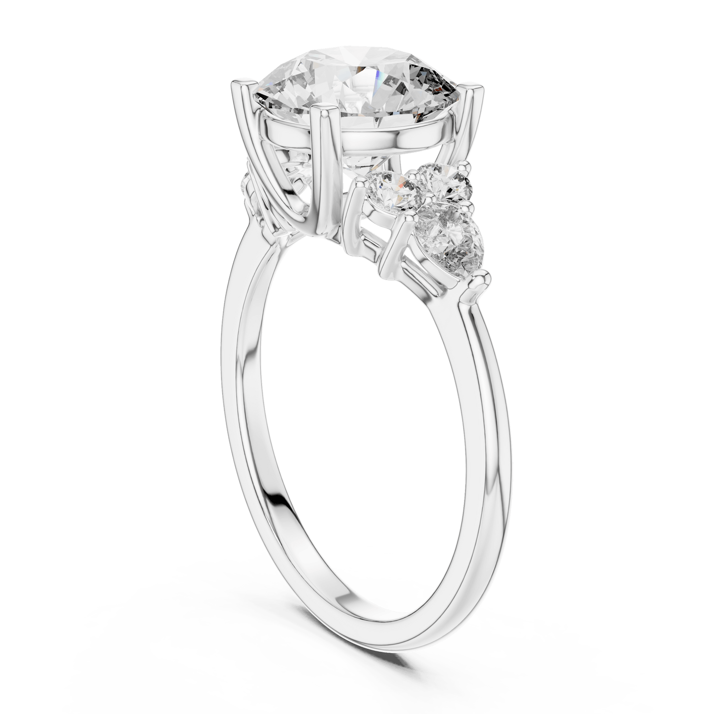 Round Cut Diamond Ring with Side Clusters