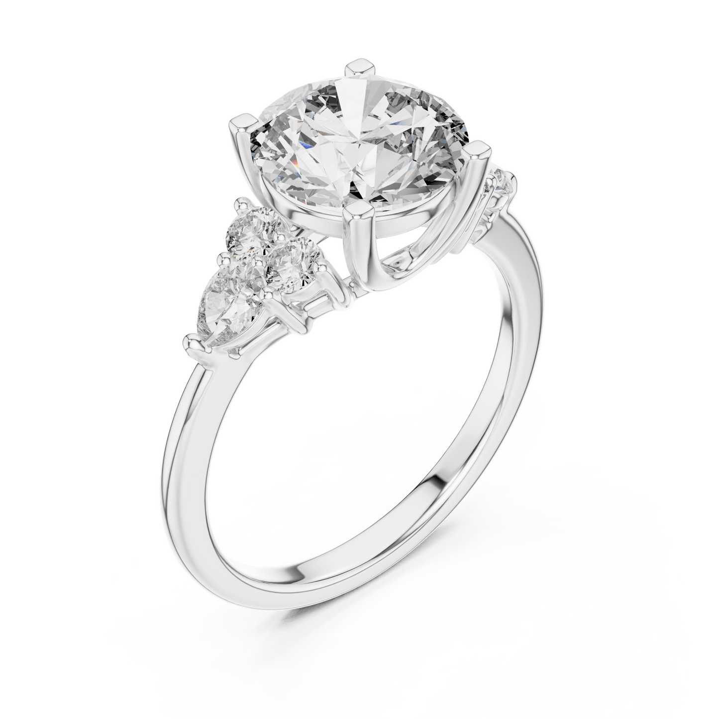 Round Cut Diamond Ring with Side Clusters