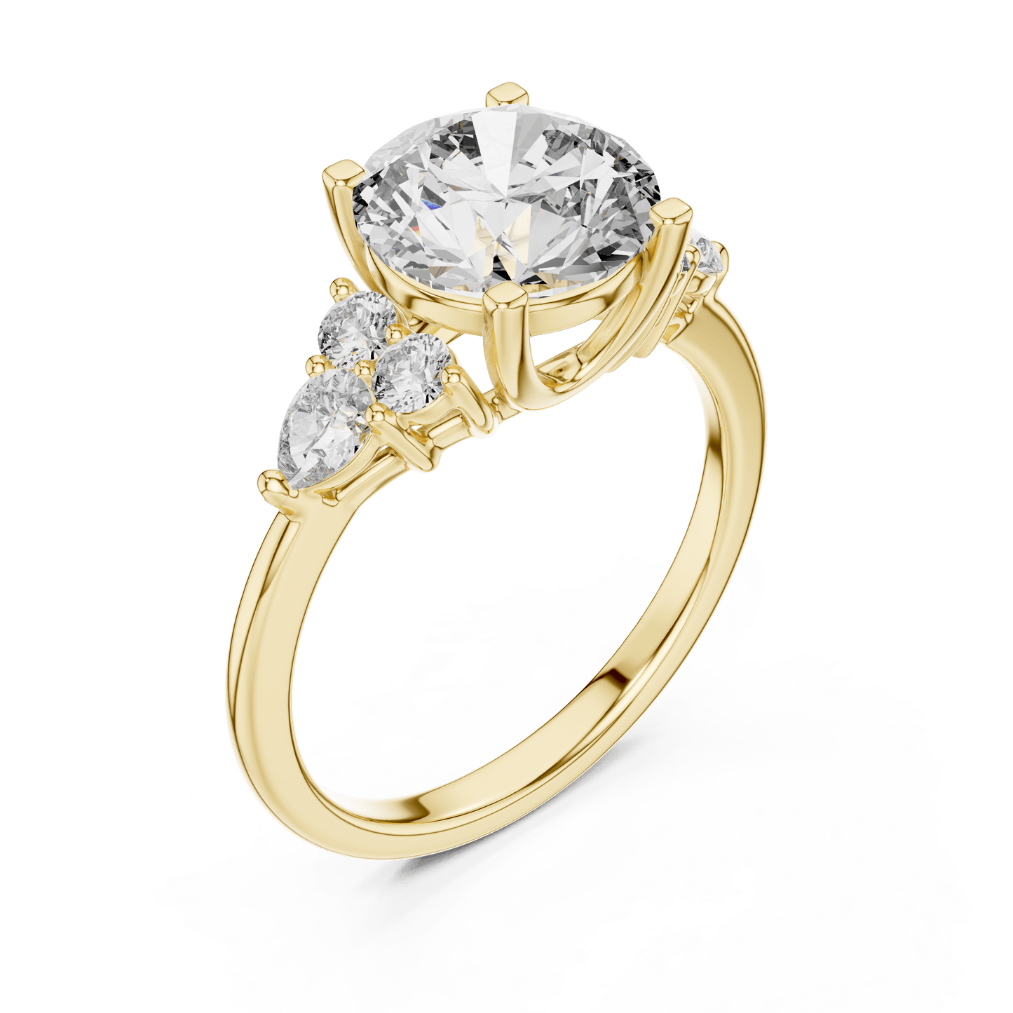 Round Cut Diamond Ring with Side Clusters