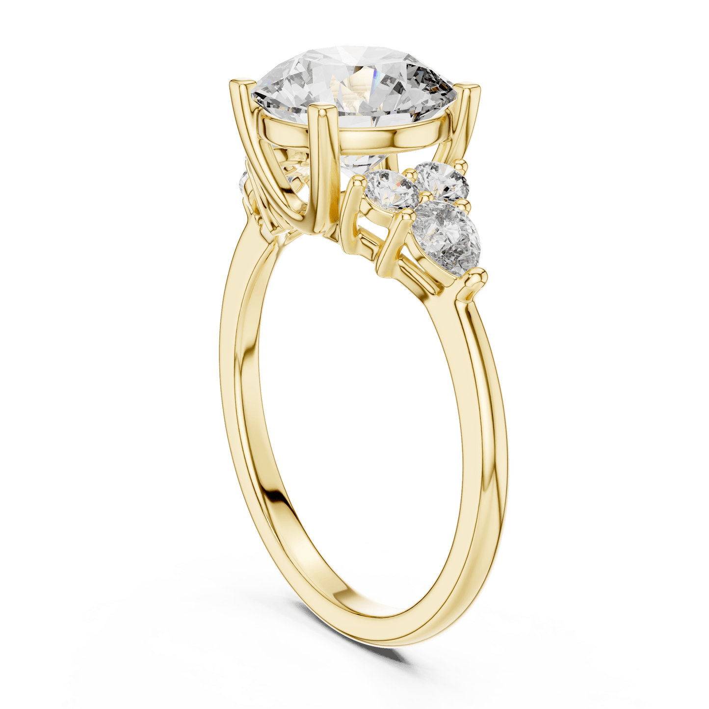 Round Cut Diamond Ring with Side Clusters