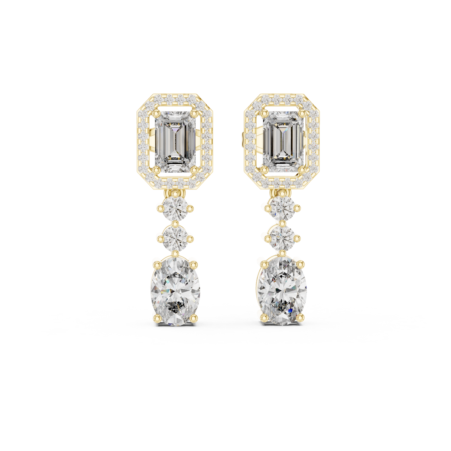 Emerald Cut Halo and Oval Diamond Drop Earrings