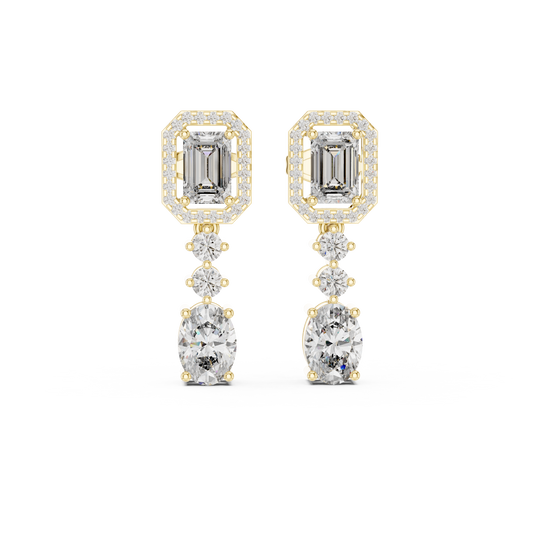 Emerald Cut Halo and Oval Diamond Drop Earrings