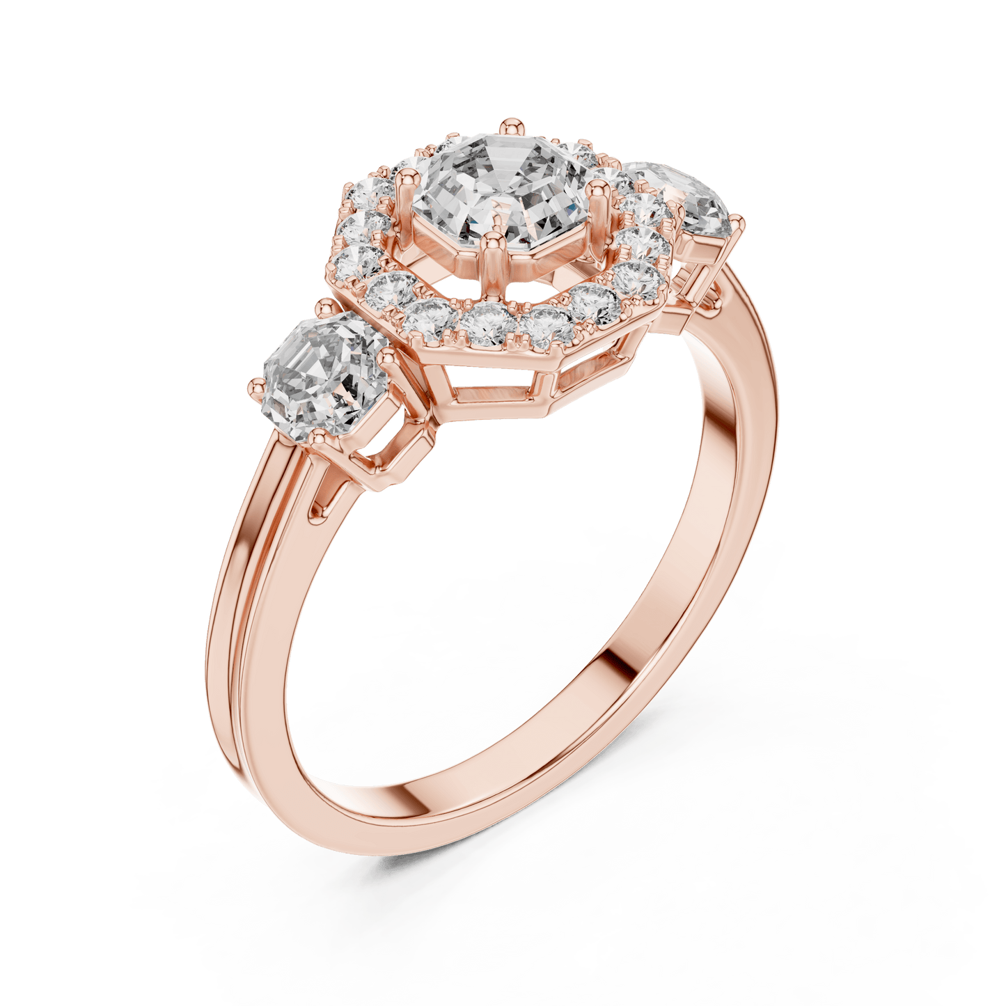 Asscher Cut Diamond Trio Halo Engagement Ring