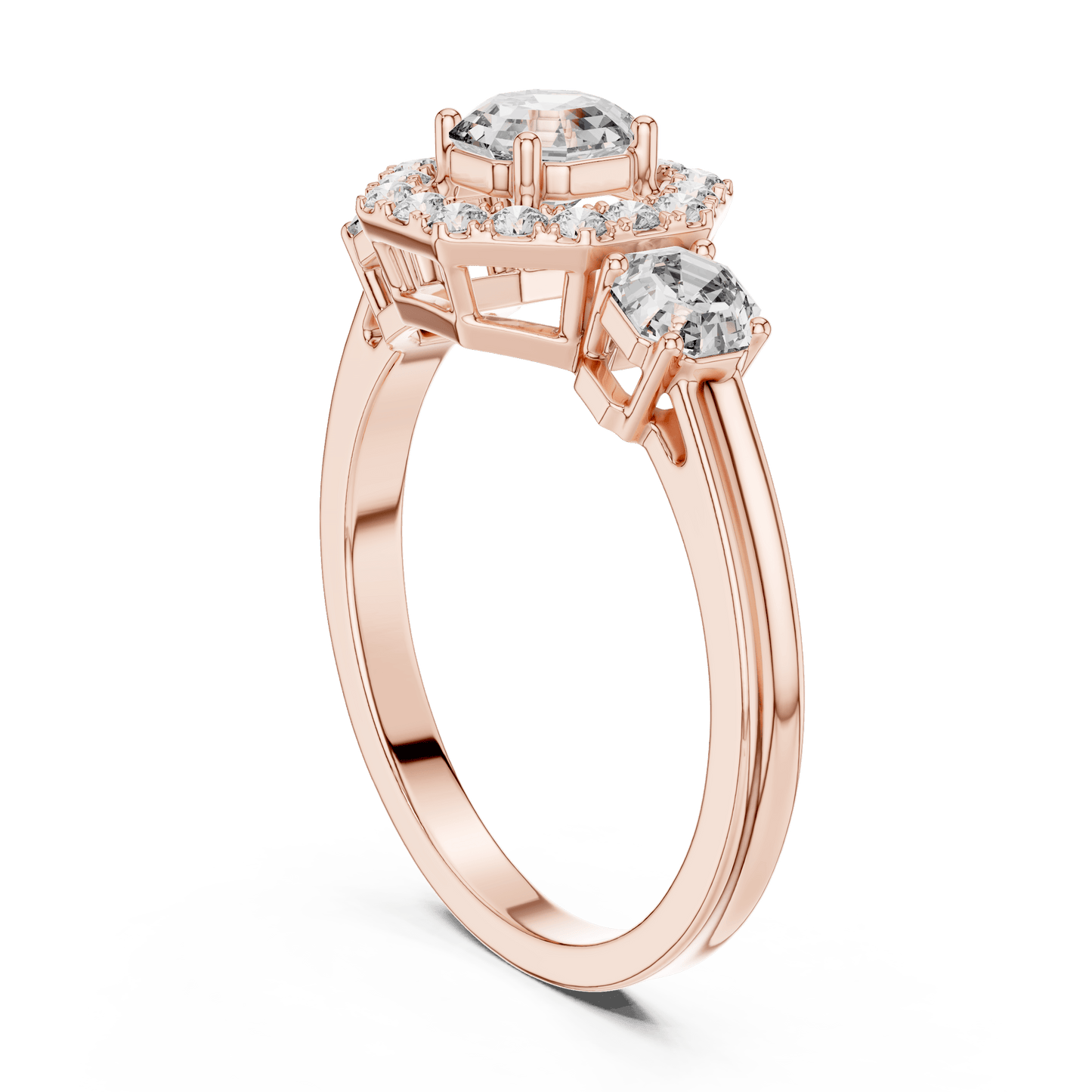 Asscher Cut Diamond Trio Halo Engagement Ring