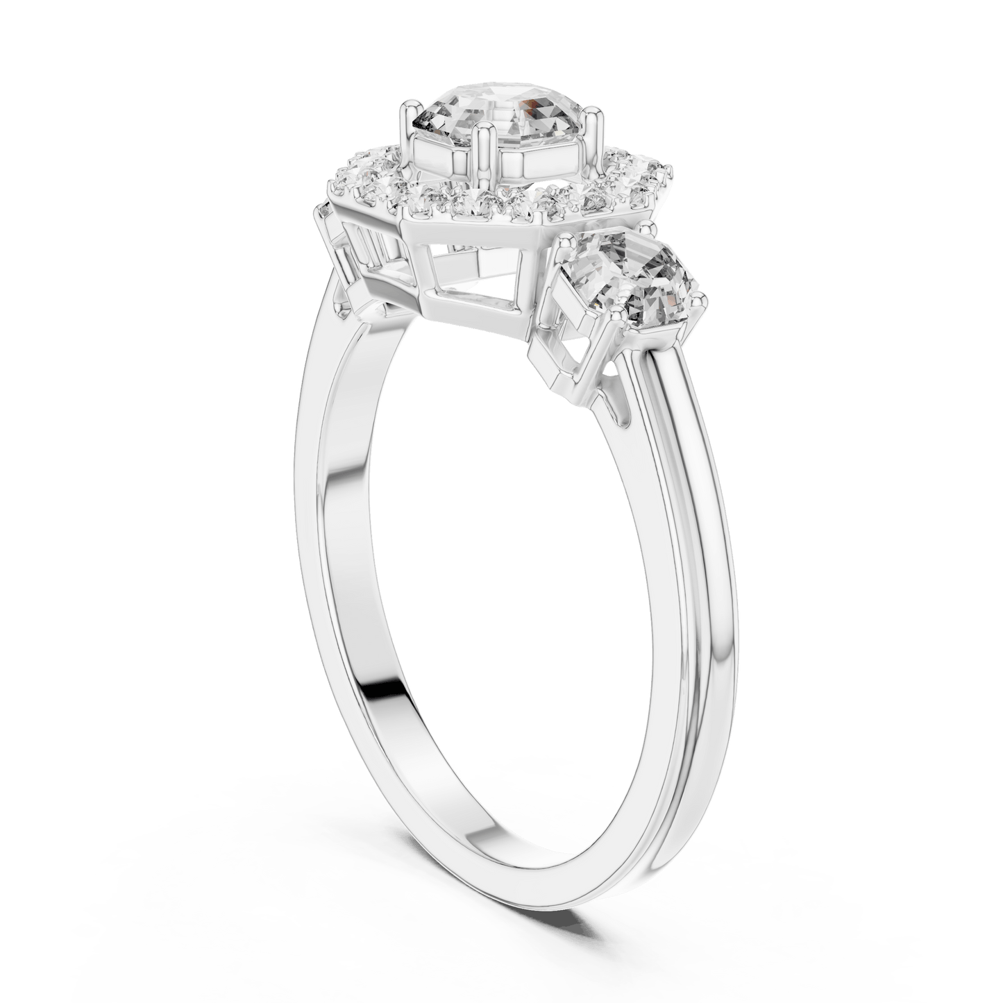Asscher Cut Diamond Trio Halo Engagement Ring