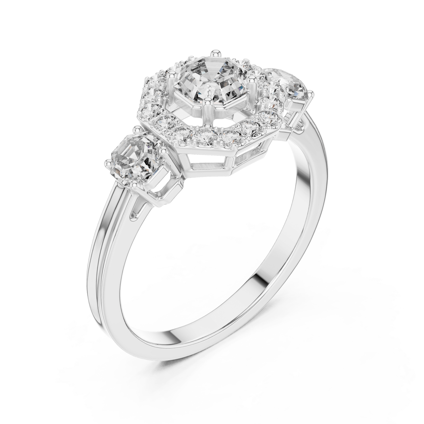 Asscher Cut Diamond Trio Halo Engagement Ring
