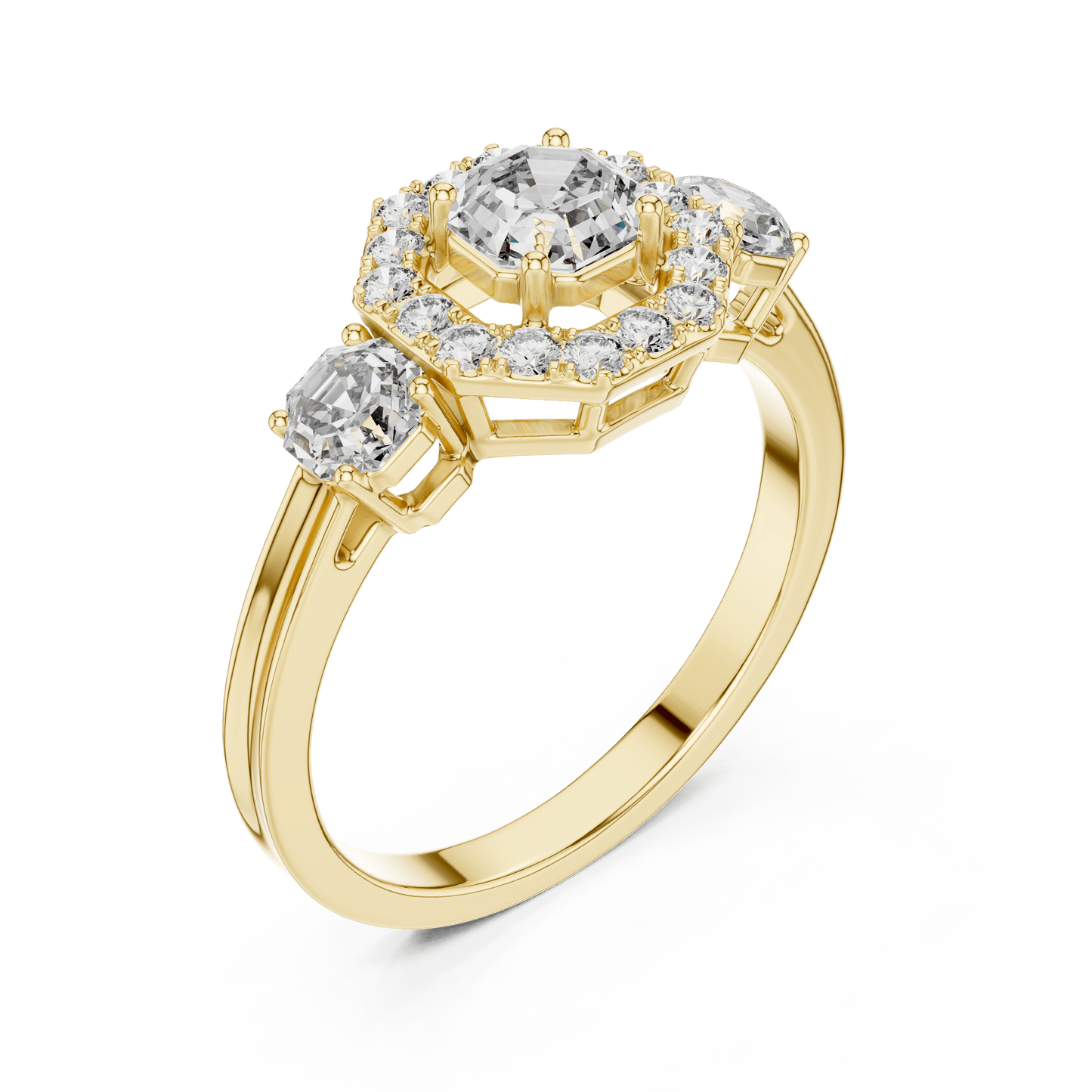 Asscher Cut Diamond Trio Halo Engagement Ring