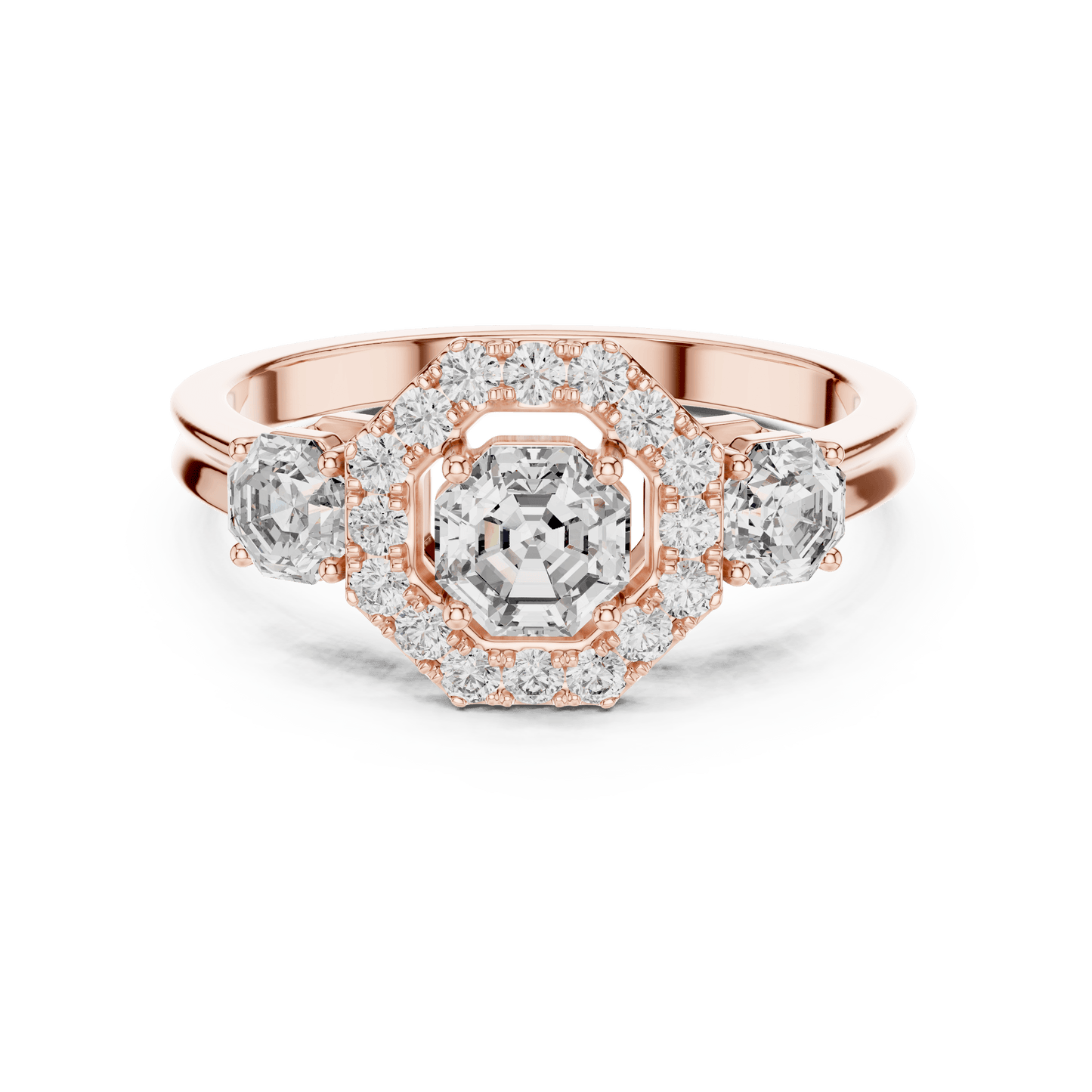 Asscher Cut Diamond Trio Halo Engagement Ring