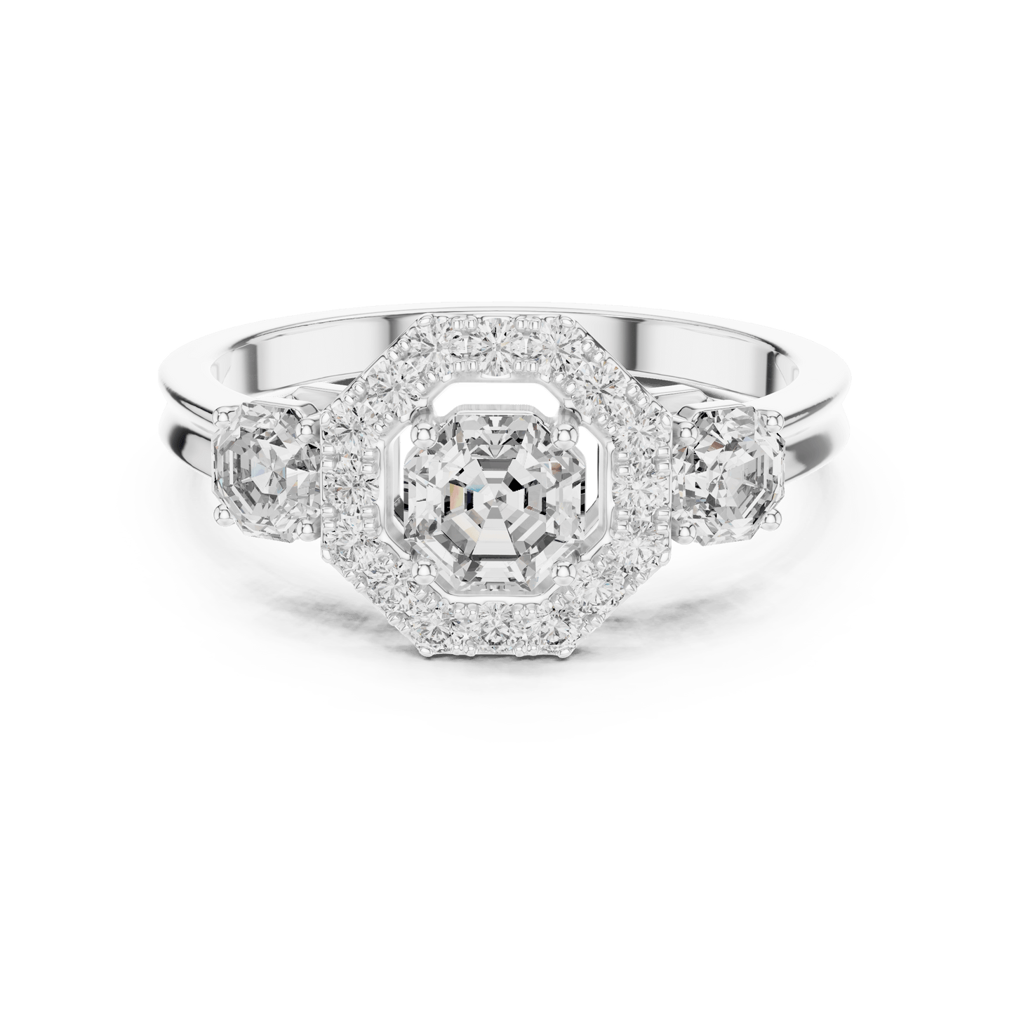 Asscher Cut Diamond Trio Halo Engagement Ring