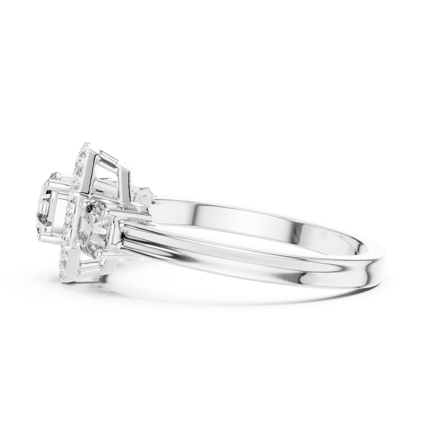 Asscher Cut Diamond Trio Halo Engagement Ring