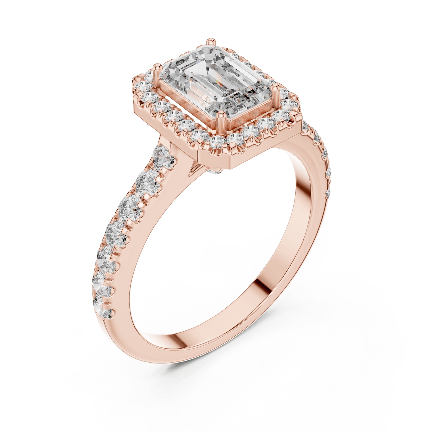Emerald Cut Diamond Halo Ring with Pave Band