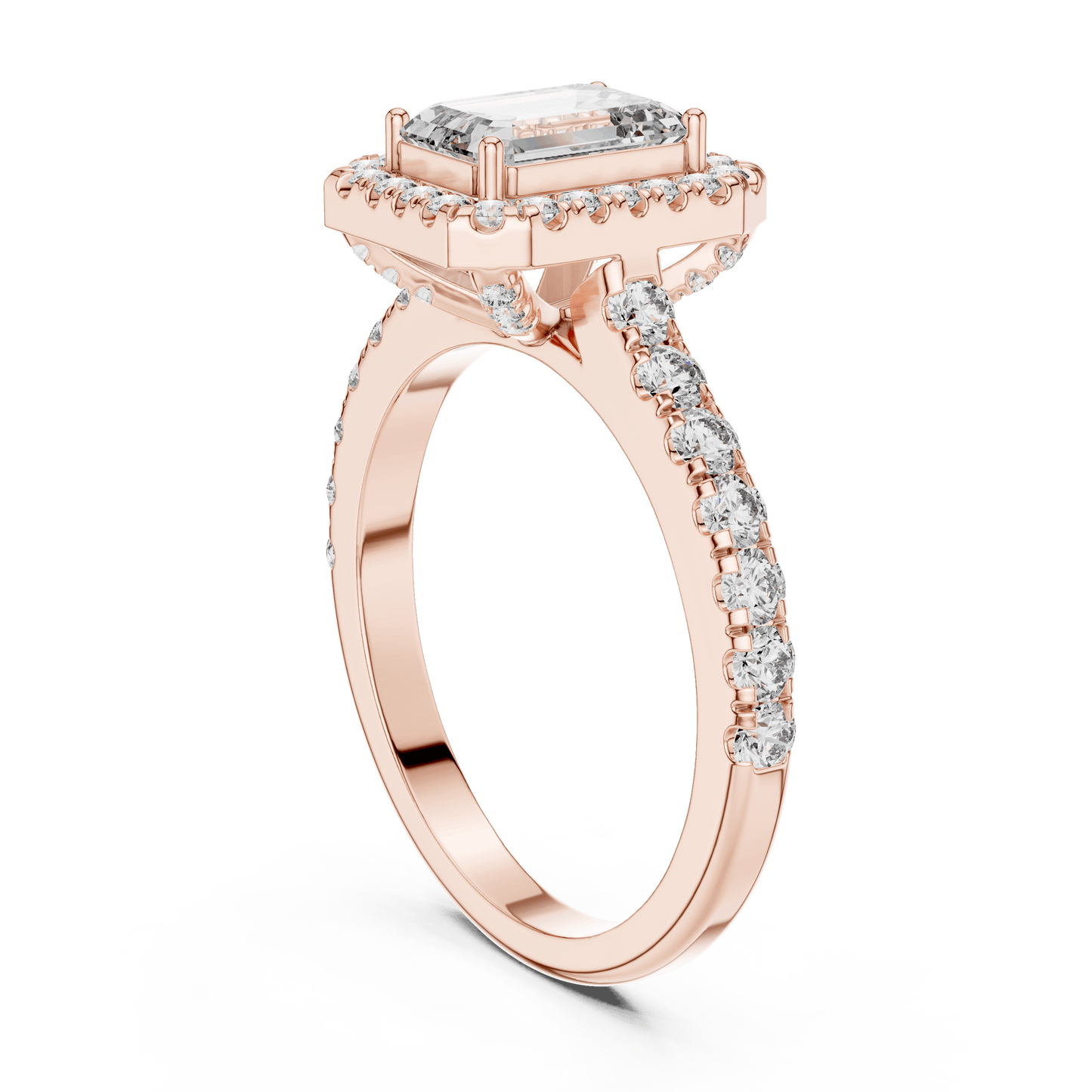 Emerald Cut Diamond Halo Ring with Pave Band