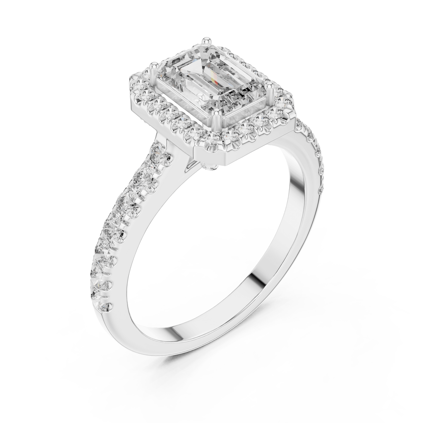 Emerald Cut Diamond Halo Ring with Pave Band