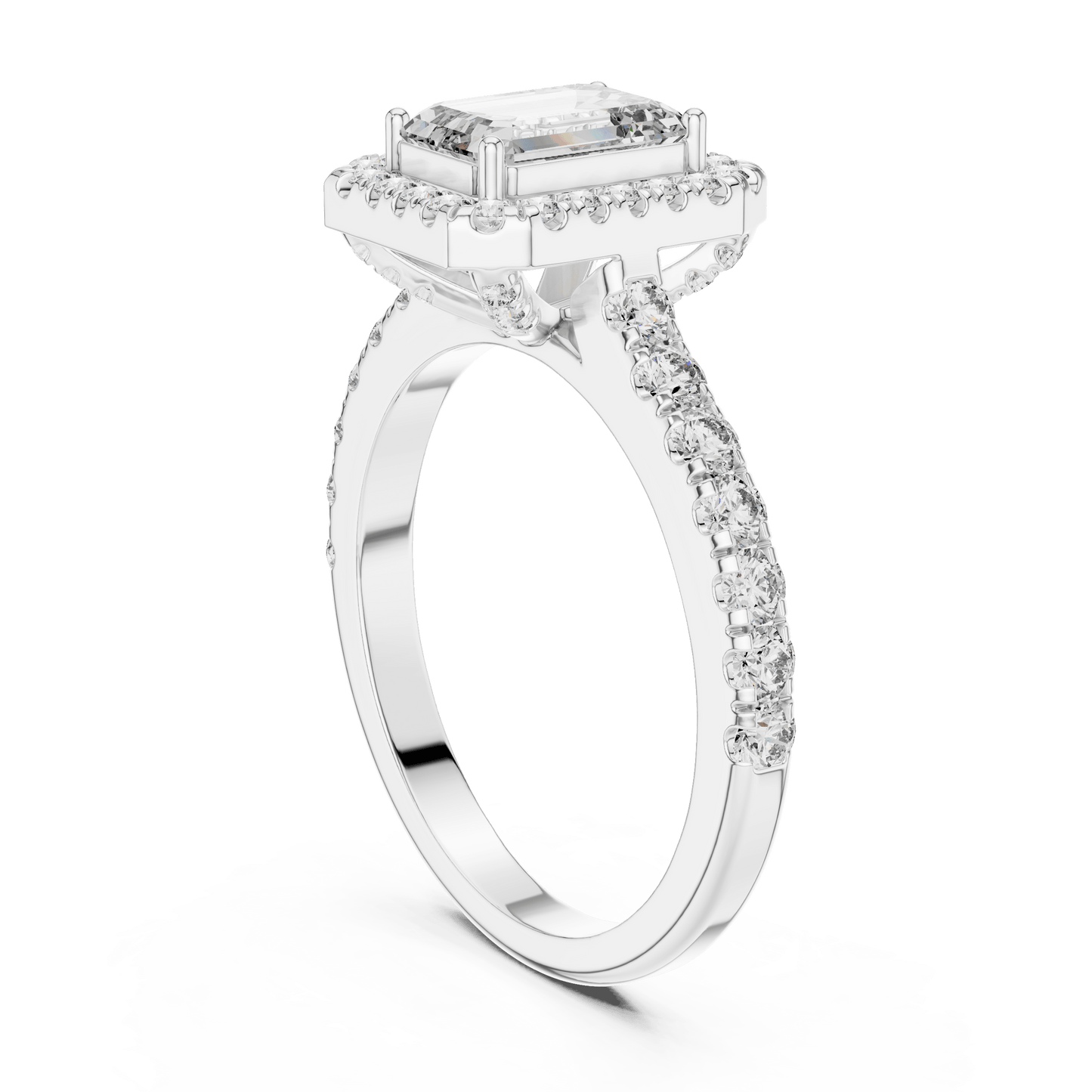 Emerald Cut Diamond Halo Ring with Pave Band