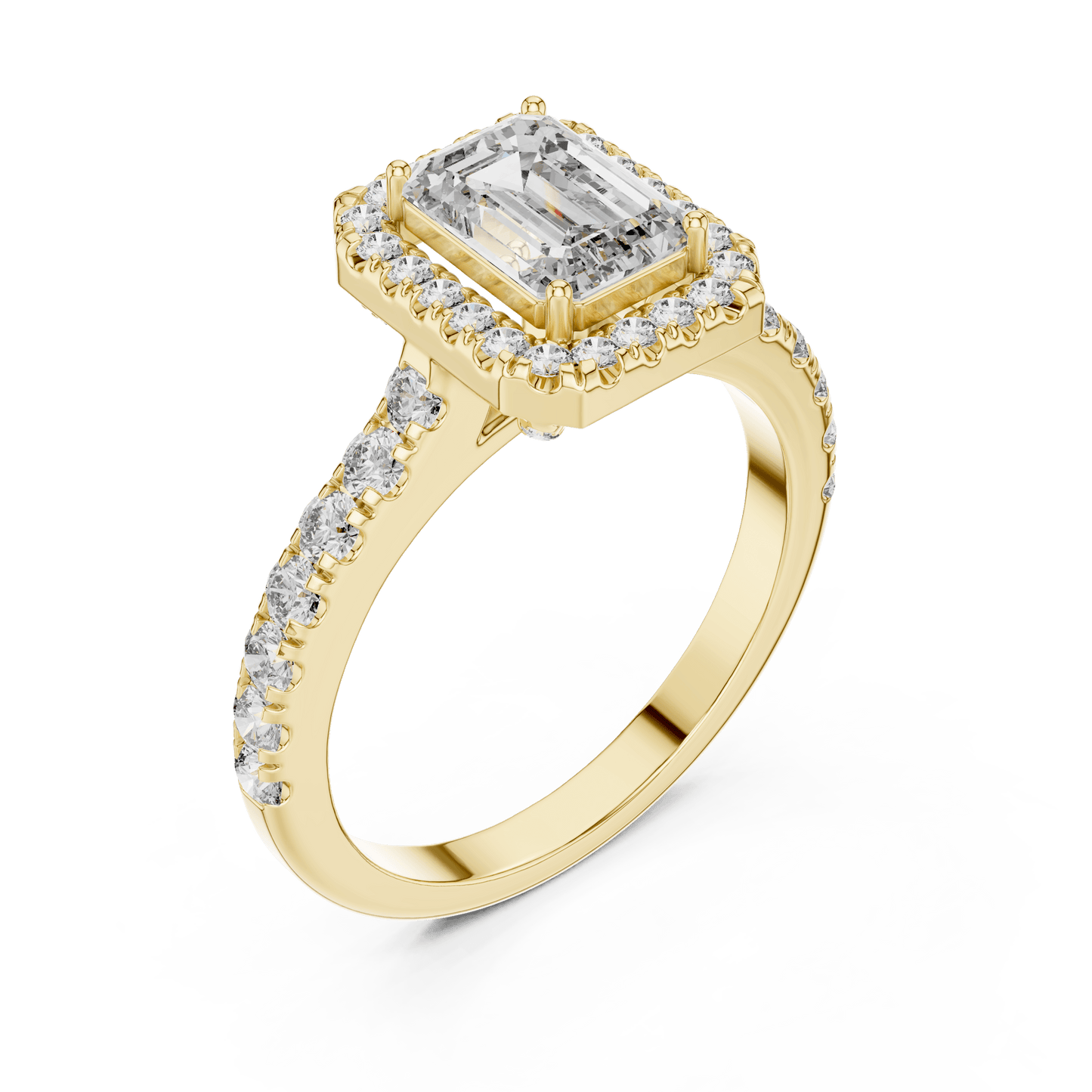 Emerald Cut Diamond Halo Ring with Pave Band