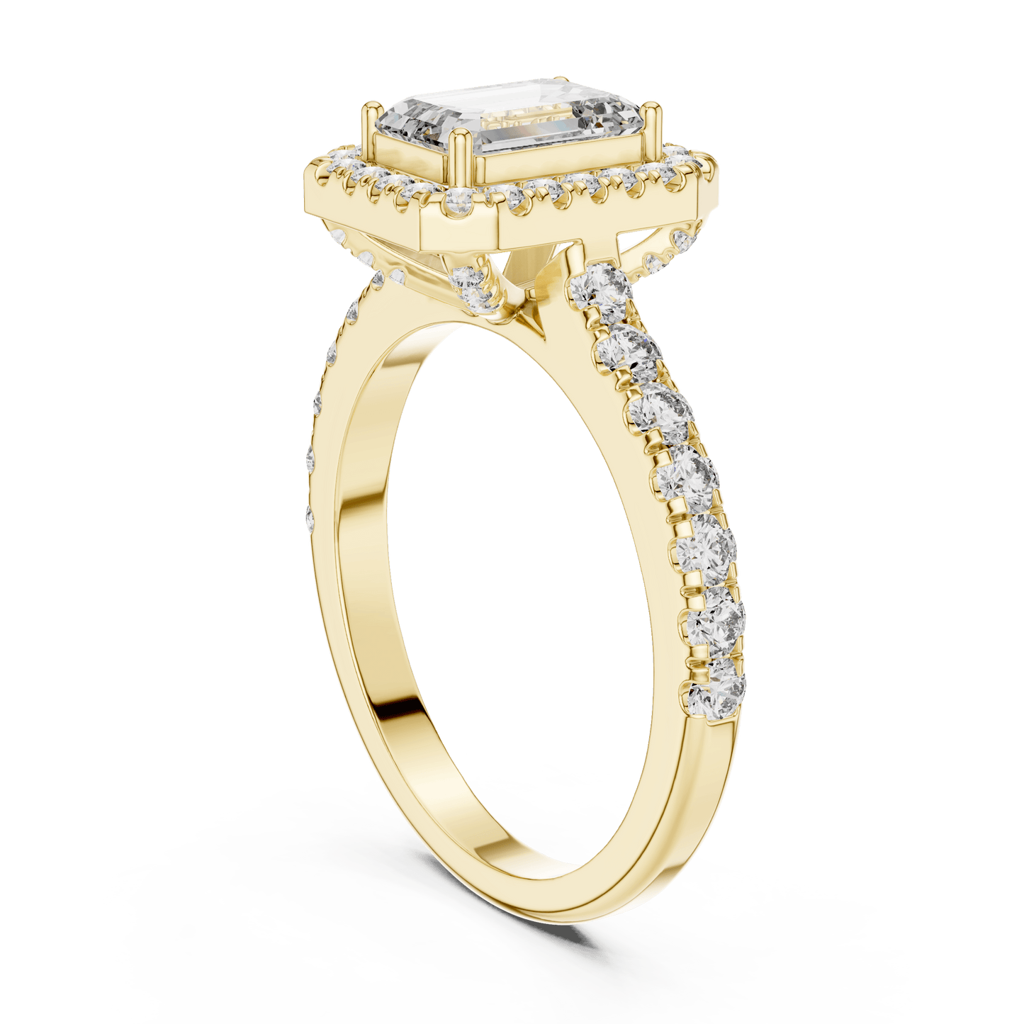 Emerald Cut Diamond Halo Ring with Pave Band