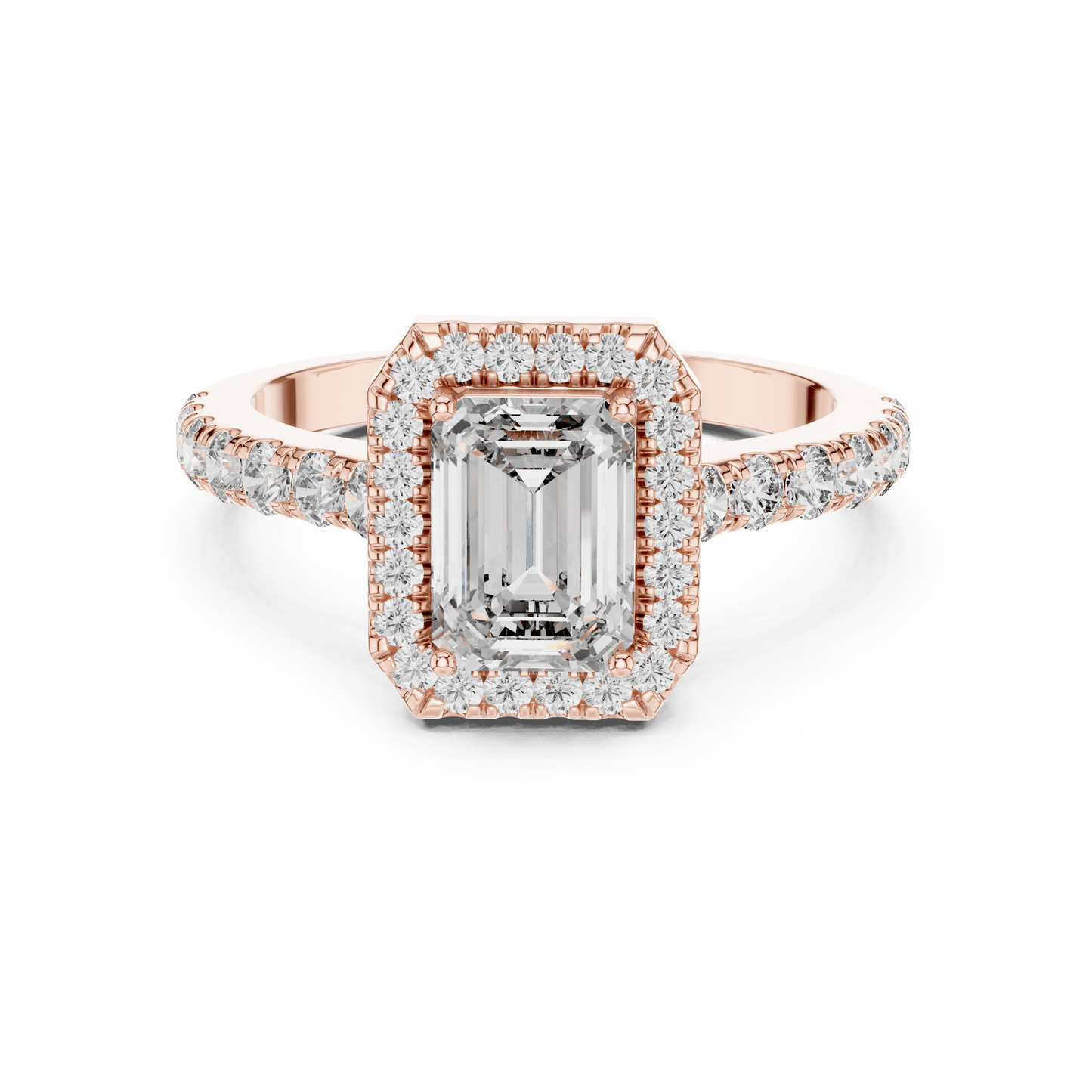 Emerald Cut Diamond Halo Ring with Pave Band