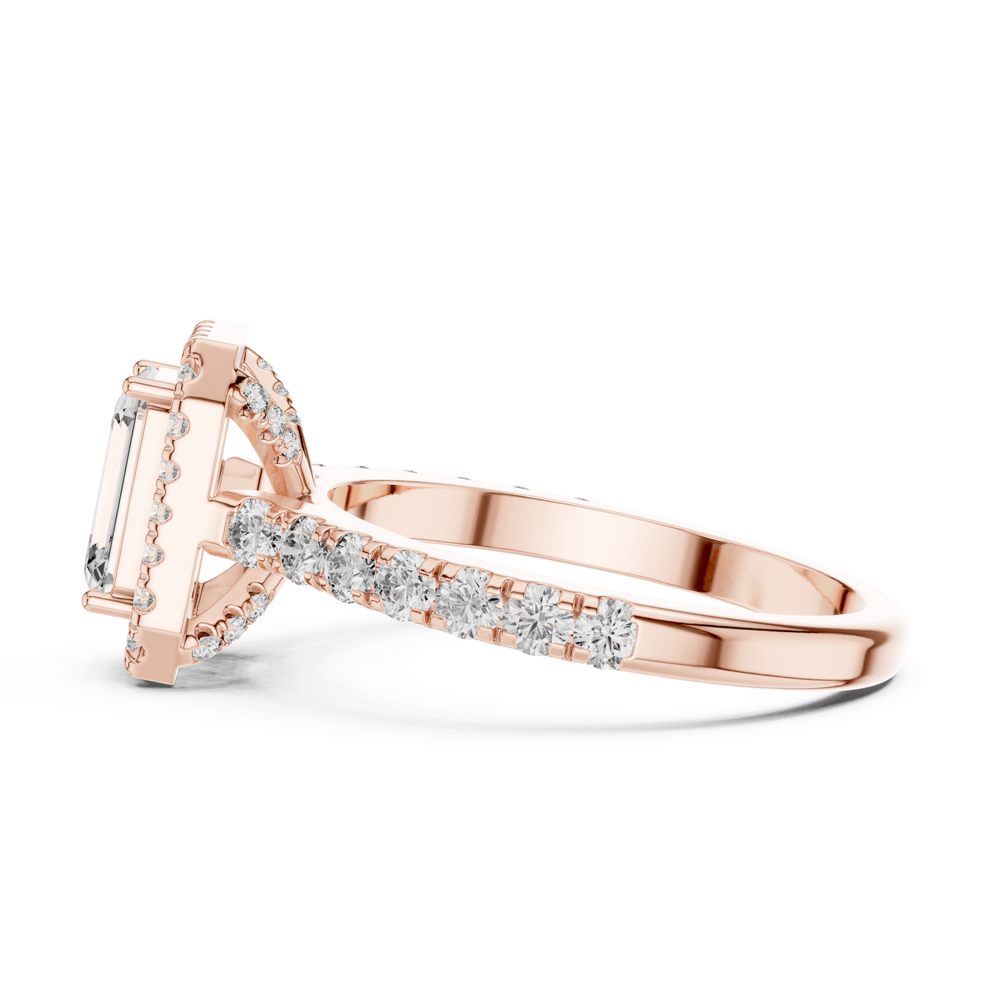 Emerald Cut Diamond Halo Ring with Pave Band