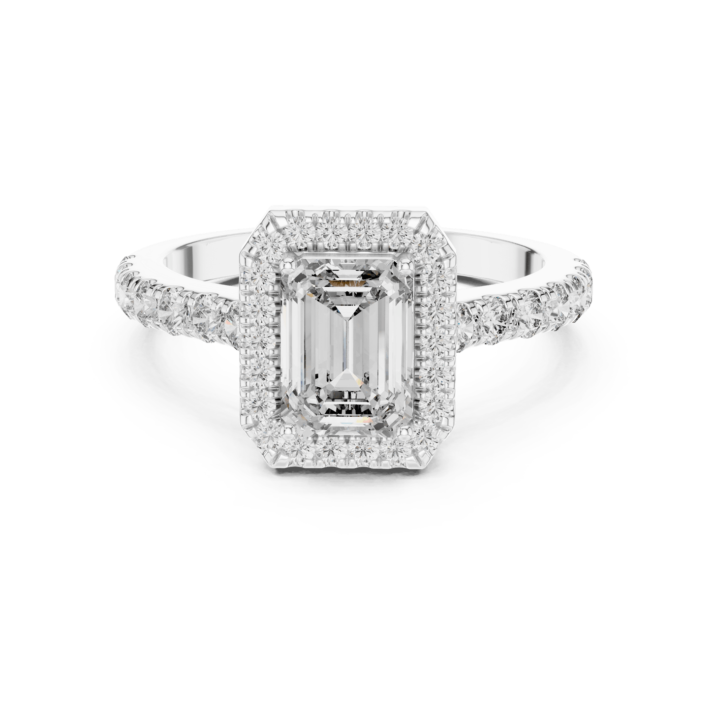 Emerald Cut Diamond Halo Ring with Pave Band