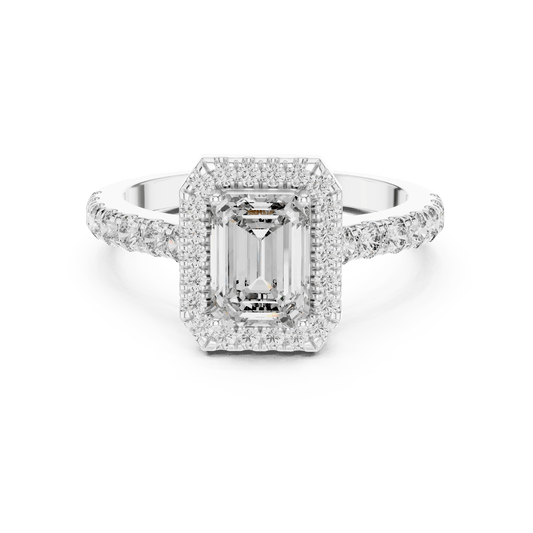 Emerald Cut Diamond Halo Ring with Pave Band