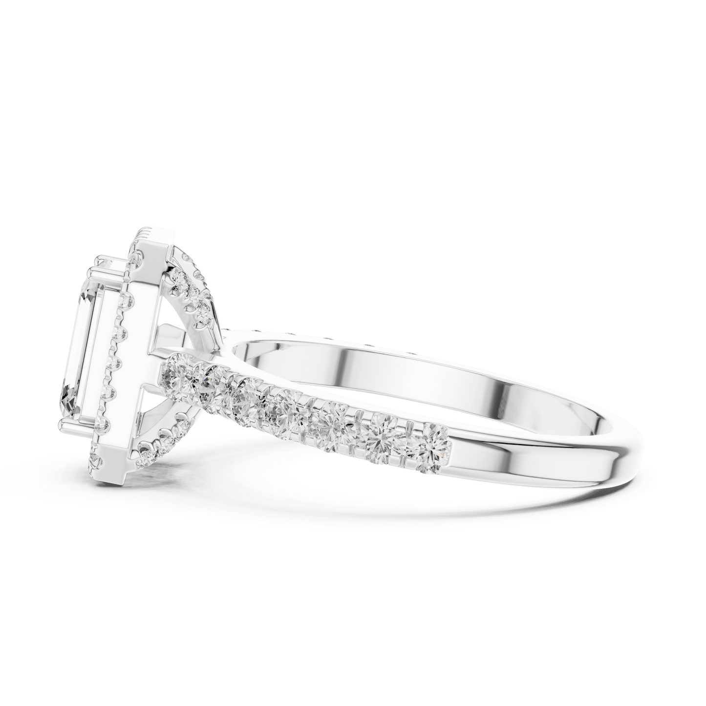 Emerald Cut Diamond Halo Ring with Pave Band