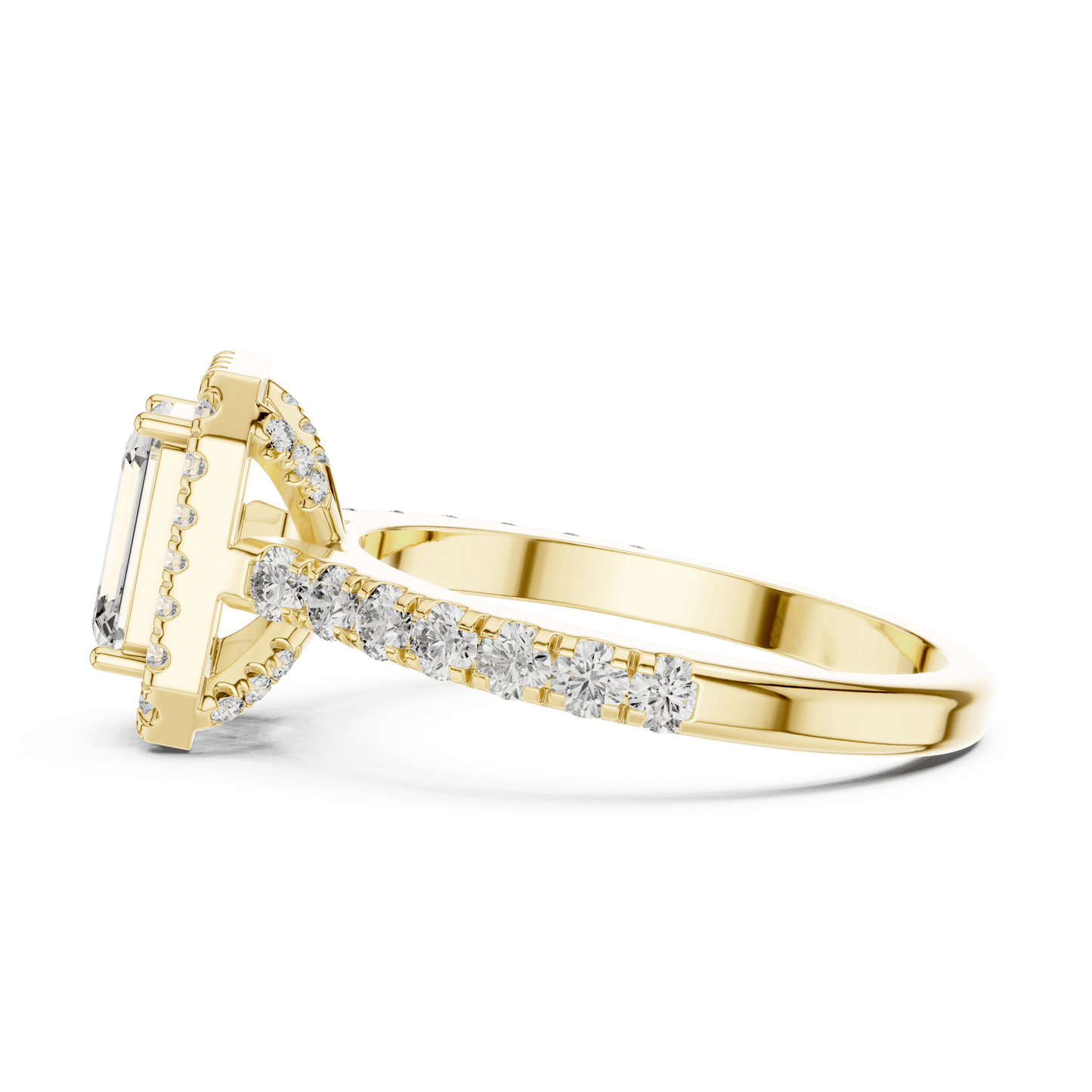 Emerald Cut Diamond Halo Ring with Pave Band