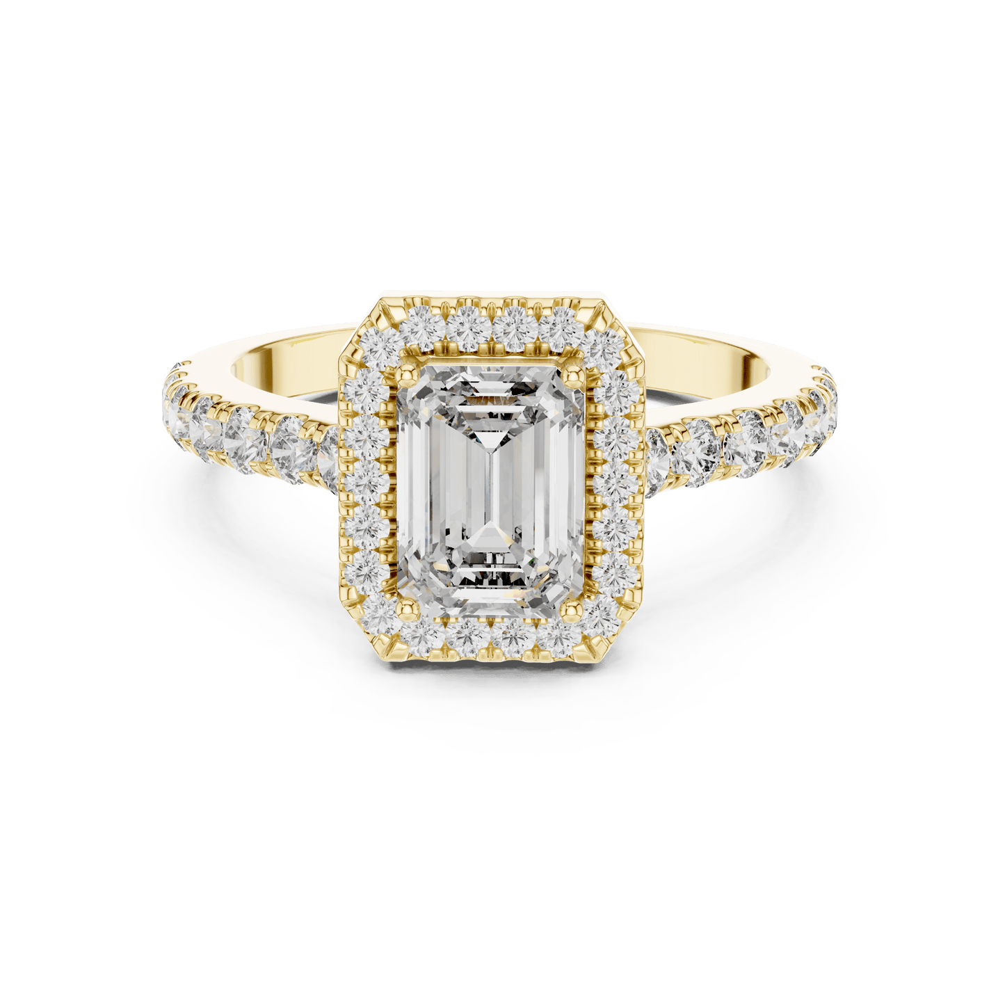 Emerald Cut Diamond Halo Ring with Pave Band
