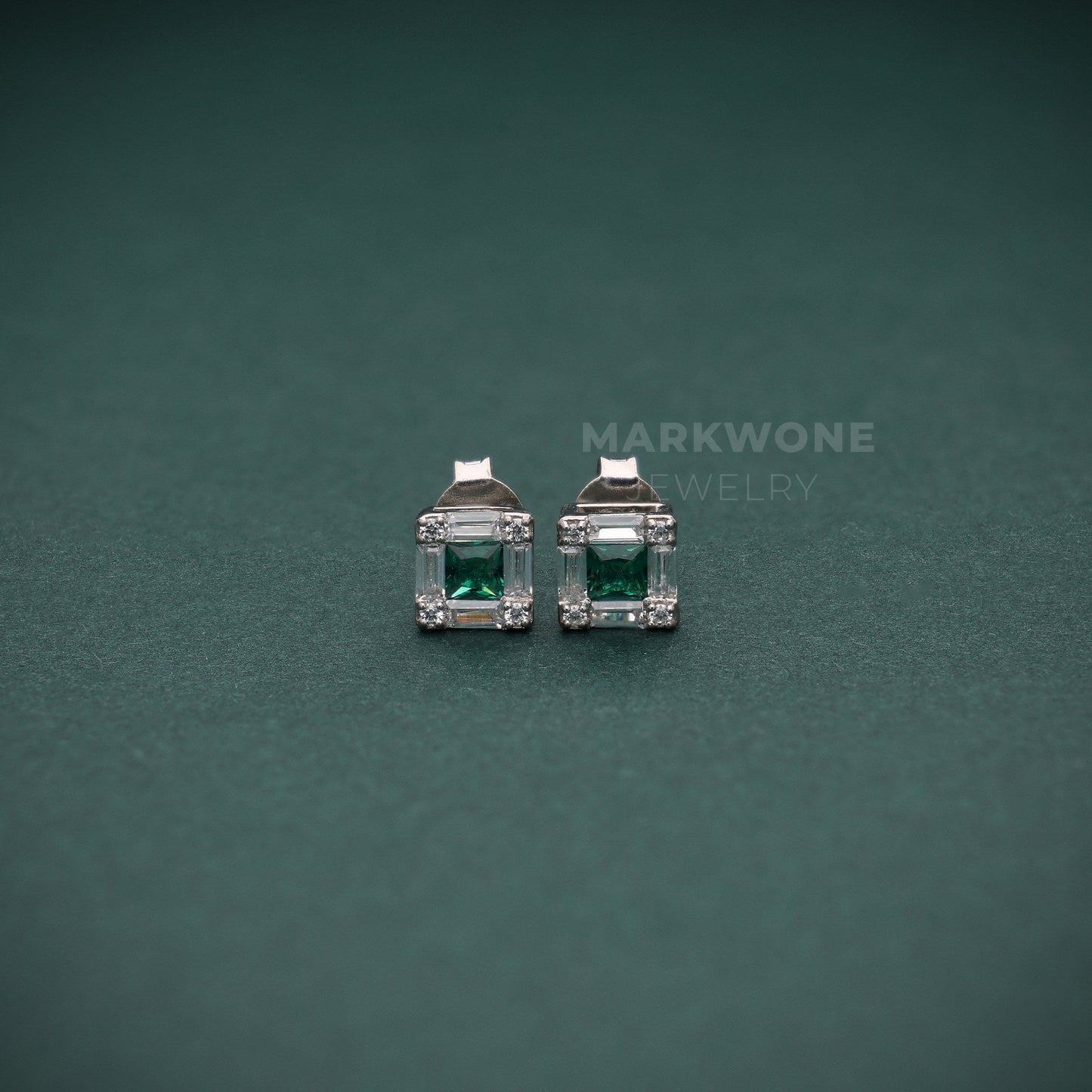 Princess Cut Green Stone Halo Stud Earrings