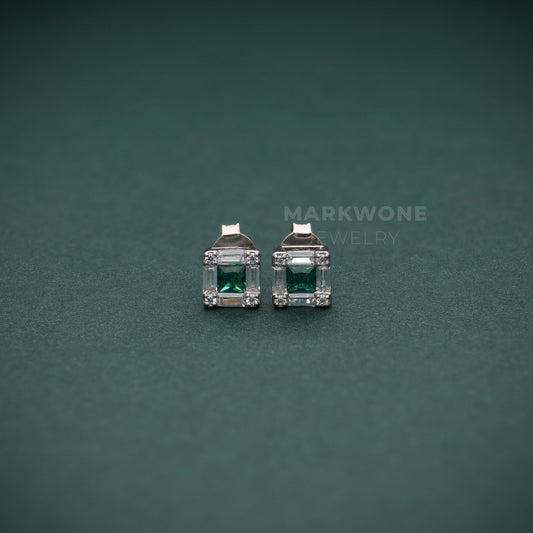 Princess Cut Green Stone Halo Stud Earrings