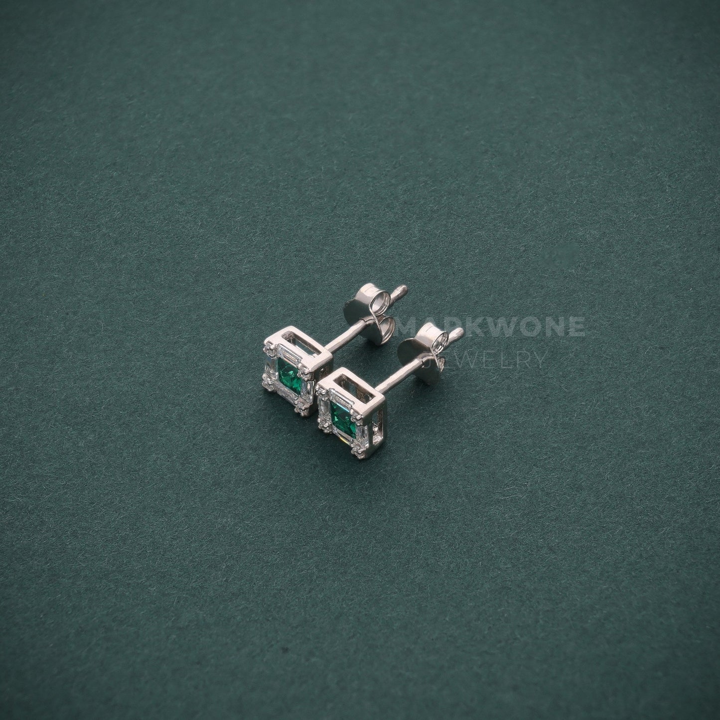 Princess Cut Green Stone Halo Stud Earrings