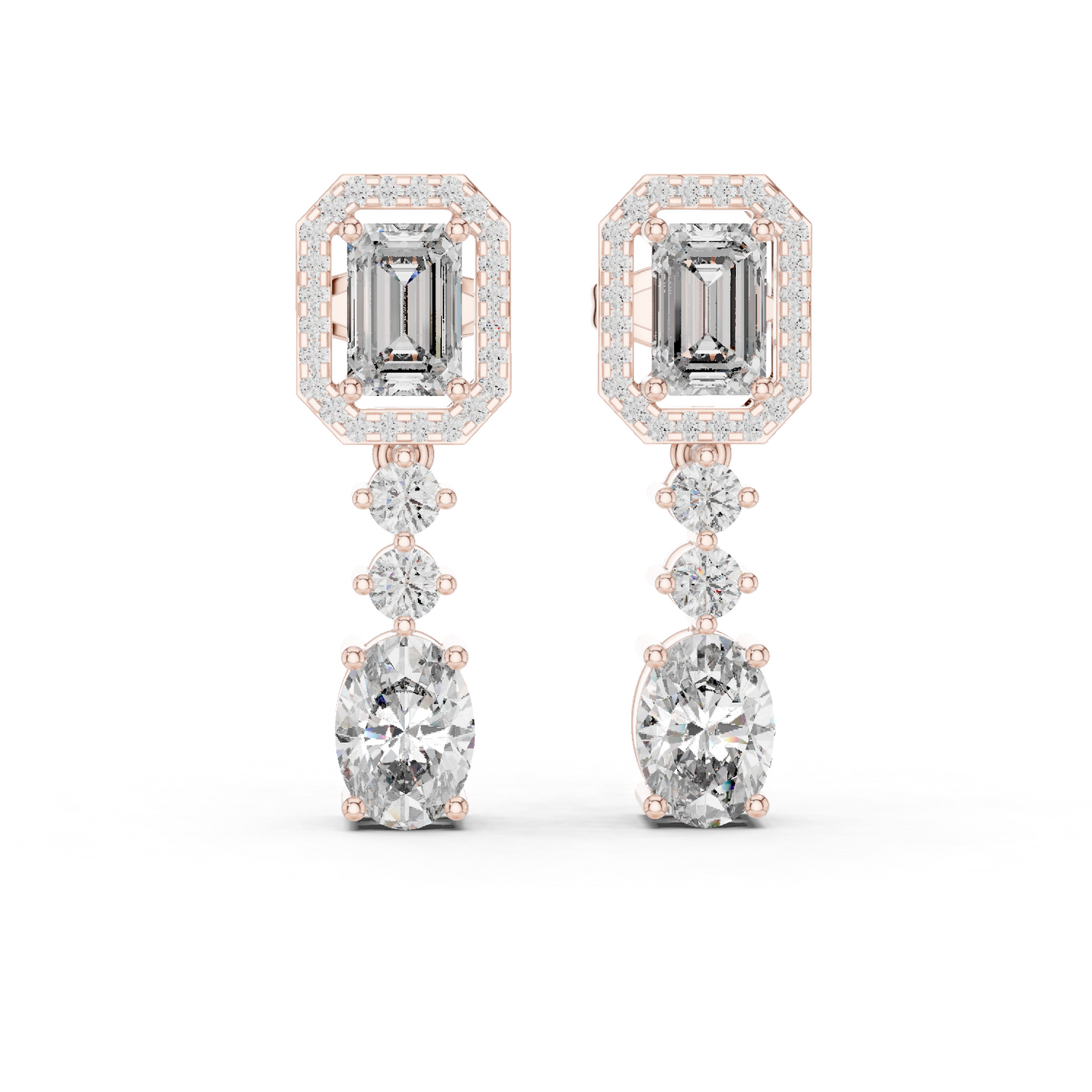 Emerald Cut Halo and Oval Diamond Drop Earrings