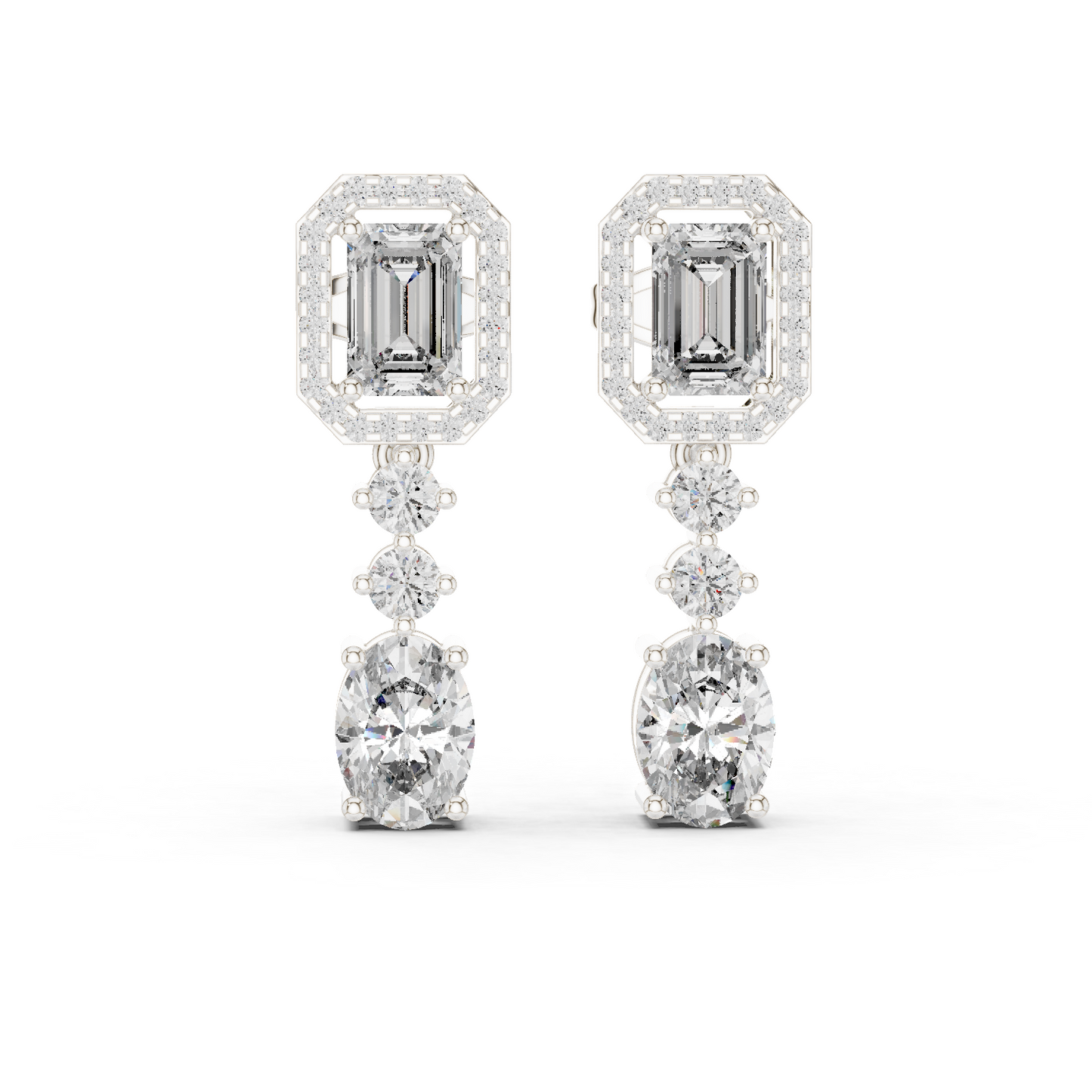 Emerald Cut Halo and Oval Diamond Drop Earrings